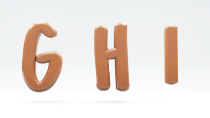 Glossy beige and brown. Letter G, H, I. 3D render of bubble twisted font with glint isolated on white background.