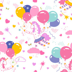 Obraz na płótnie Canvas Seamless pattern with cute magical unicorns in the sky with colorful clouds, hearts and balloons.