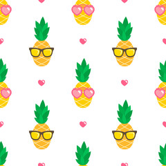 Seamless pattern with cute pineapples and hearts