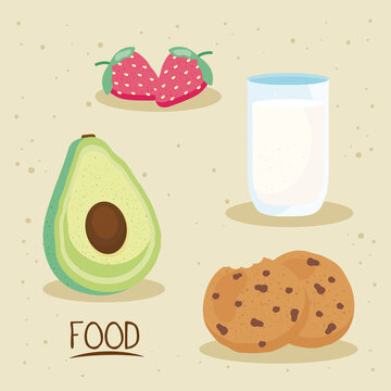 fresh and delicious food and milk icons vector illustration design