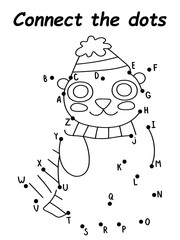 Connect the dots game with baby bear stock vector illustration. Connect all the dots and color little bear with hat and scarf. Funny educational puzzle for children with English letters. One of series