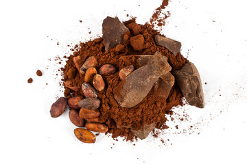 Cocoa beans with cocoa powder and cocoa pieces isolated on a white background. Top view.