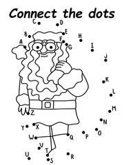 Santa Claus with gift bag dot-to-dot game stock vector illustration. Funny educational game with English alphabet. Connect dots from A to B, from B to C, and so on and color the picture. One of series