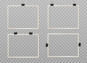 Set of beige rectangular photo frames on binder clips. Vector 3d realistic. Mockup for design, portfolio, social media or branding. Blank template on transparent background. 4 empty photo cards. EPS10