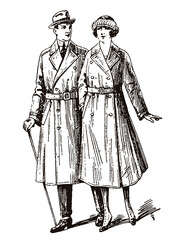 Woman and man from the early 20th century wearing antique raincoats and taking a walk