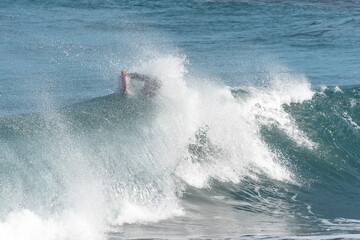 Obraz premium Bodyboarder in action on the ocean waves on the last hours of the day in Gran Canaria. Canary islands