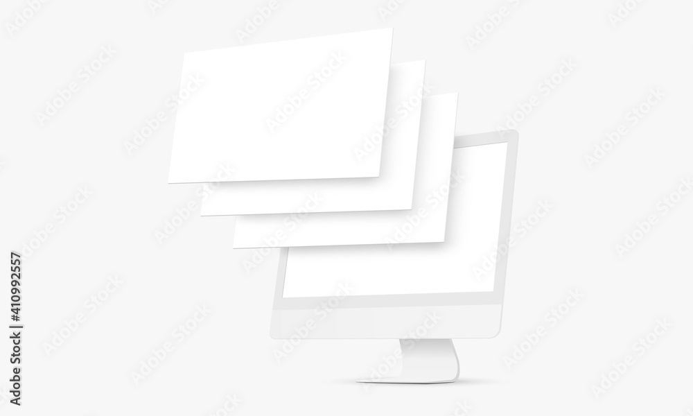 Wall mural clay computer monitor mockup with blank wireframing pages. concept for showcasing web-design project