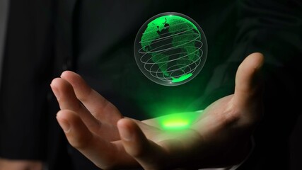 Human hand holding earth globe holographic technology . Futuristic visualization for virtual reality and augmented reality .