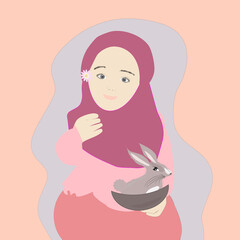  girl Muslim holding  rabbit in orange  background, vector cartoon,vector cute. 