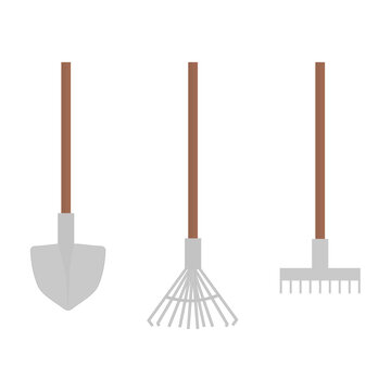 Gardening groundworks tools. Set with rake and shovel. Flat vector illustration