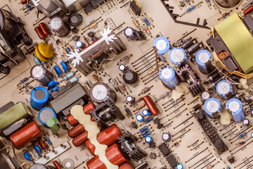 Electronic Components on Vintage Microcircuit Motherboard