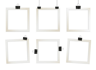 Set of golden square photo frames on binder clips. Vector 3d realistic. Mockup for design, portfolio, social media or branding. Blank template on white background. 6 empty beige photo cards. EPS10.