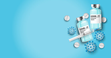 Coronavirus vaccine vector background. Covid-19 corona virus vaccination with vaccine bottle and syringe injection tool for covid19 immunization treatment. Vector illustration.