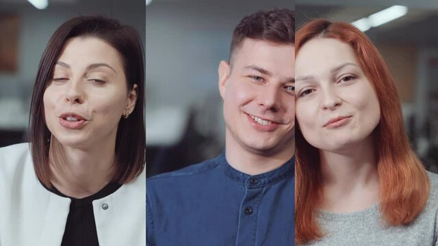 Set 3 in 1 happy faces of young people talking to camera. Split screen closeup portraits of man and women having video conference via webcam. Concept of communication