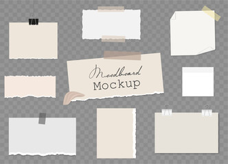 Moodboard Blank template with different notes on sticky tape and binder clips, pieces of torn paper, reminder card. Mockup on transparent background. Vector 3d realistic. EPS10.