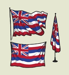 Flag of Hawaii on the wind and on the wall illustration set