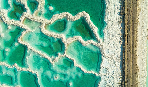 Aerial view of salt veins and road at the Dead sea, Negev, Israel.