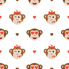 Pattern with funny monkey faces and hearts