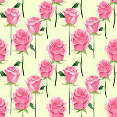 Seamless pattern with watercolor pink roses with green leaves on a yellow background.Flower background