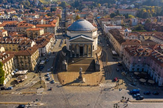 Aerial view of Gran Madre di Dio Church, Borgata Rosa-Sassi, in Turin, Italy.