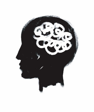 Funny Abstract Overthinking Man Vector Illustration. Simple Vector Graphic with Black Human Head with White Sketched Scribbles Inside Isolated on a White Background. 