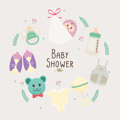 baby shower lettering card with set icons around vector illustration design