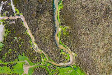 Arroyo del Capitan. Aerial view at low tide. Oyambre Natural Park, San Vicente de la Barquera, Cantabrian Sea, Cantabria, Spain, Europe
