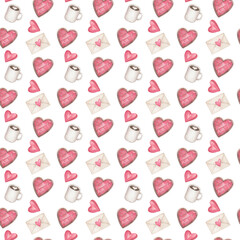 Valentines Day seamless pattern. Watercolor hand drawn texture. Holiday print