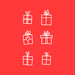 Hand drawn gifts collection. Present box with ribbons. Doodle illustrations. Christmas gift symbols.