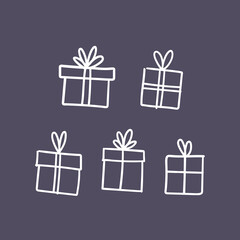 Hand drawn gifts collection. Present box with ribbons. Doodle illustrations. Christmas gift symbols.