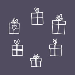Hand drawn gifts collection. Present box with ribbons. Doodle illustrations. Christmas gift symbols.