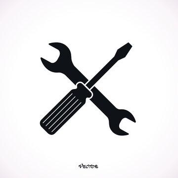 Spanner and Screwdriver icon with bonus setup tools images. Vector illustration style is flat iconic black symbols on white background.