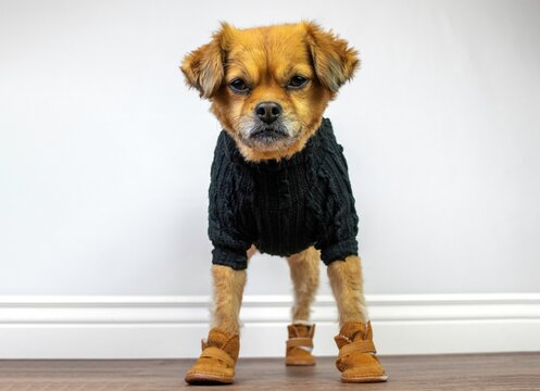 Cute dog wearing black sweater and brown boots