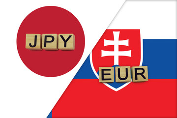 Japan and Slovakia currencies codes on national flags background