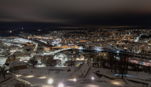 Norwegian city of Halden in a winter evening