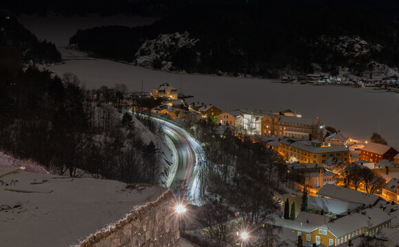 Norwegian city of Halden in a winter evening