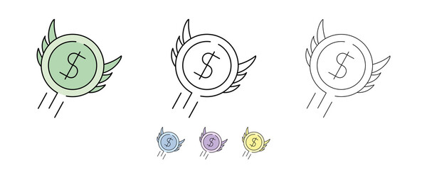 3-wings money icon set. Saving money, Do enter an Uptrend. Icon wing dollar set in different colors and different thickness. Money bag line icons set vector illustration. Modern line art.