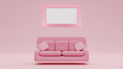 3D Rendering Fashionable comfortable stylish pink fabric sofa with white picture frame on pink background Pink interior, showroom, furniture. Luxury couch front view