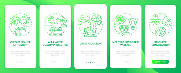 Biodegradable waste reduction onboarding mobile app page screen with concepts. Resource conservation walkthrough 5 steps graphic instructions. UI vector template with RGB color illustrations