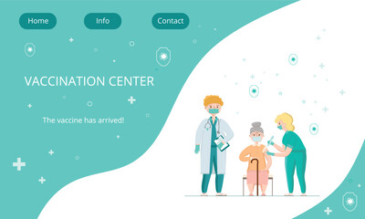 Covid-19, coronavirus people vaccination landing page. Elderly man got a vaccine from a doctor, nurse. Vector stock illustration for web template medical center, clinic, hospital. EPS10