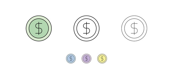 3-coin icon set. Dollar savings earning money, economic money value. Icon set in different colors and different thickness. Money line icons set vector illustration. Modern line art.