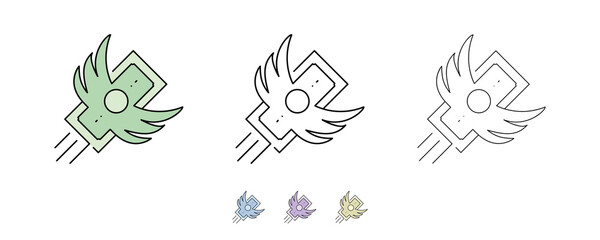 3-winged money icon set. Saving money, enter an Ascension. Set icon wing banknotes of different color and different thickness. Paper money line icons set vector illustration. Modern line art.