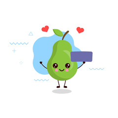 Cute happy smiling pear character holding empty sign