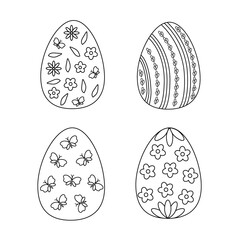 Easter holiday symbol outline decorated eggs set in simple doodle vector illustration for spring festive time decor, coloring page, greeting cards, invitations, banners, activities for children