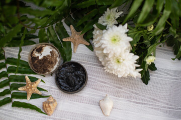 image of homemade cosmetics ingredients. aroma theme. Black mask, clay.