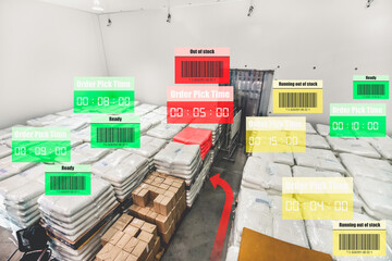 Smart warehouse management system using augmented reality technology to identify package picking and delivery . Future concept of supply chain and logistic business .