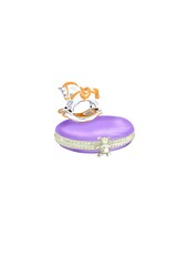 Hand-drawn bright illustration of a jewelry toy: a gilded enamel figurine of a swing rocking horse, standing on an enameled stand,  decorated with a platinum teddy bear
