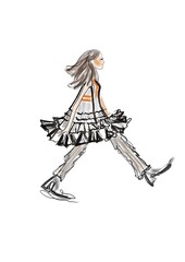 Hand-drawn abstract fashion illustration sketch of a silhouette of a walking imaginary girl in fluffy trench coat, trousers, in boots on white background