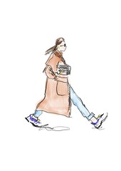 Hand-drawn abstract fashion illustration sketch of a silhouette of walking imaginary girl in a street look : cashmere coat, jeans, sneakers, holding bag, in sunglasses, on white background - obrazy, fototapety, plakaty