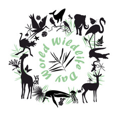 World Wildlife Day, March 3. Vector illustration for you design, card, banner, poster poster. Animal silhouettes in black and white graphics.